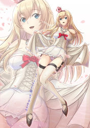 Rule 34 | 1girl, blonde hair, blue eyes, braid, commentary request, corset, crown, dress, flower, french braid, full body, garter straps, hair between eyes, high heels, kantai collection, long hair, long sleeves, mini crown, moke ro, off-shoulder dress, off shoulder, panties, pantyshot, red flower, red ribbon, red rose, ribbon, rose, solo, standing, thighhighs, underwear, warspite (kancolle), white dress, white thighhighs