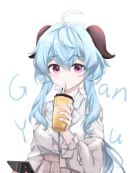 Rule 34 | 1girl, absurdres, ahoge, blue hair, breasts, bubble tea, casual, cellphone, centy, cup, drinking, drinking straw, drinking straw in mouth, ganyu (genshin impact), genshin impact, goat horns, highres, holding, holding cup, horns, long hair, medium breasts, phone, purple eyes, solo, very long hair, white background