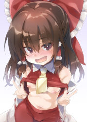 Rule 34 | 1girl, ascot, blush, bow, breasts, brown eyes, brown hair, cameltoe, clothes lift, commentary request, detached sleeves, double v, gradient background, hair bow, hair tubes, hakurei reimu, lifted by self, looking at viewer, navel, nipples, no bra, open mouth, red shirt, red skirt, shirt, shirt lift, skirt, small breasts, solo, tororo (toriaezu), touhou, v, yellow ascot