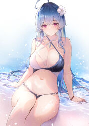 Rule 34 | 1girl, ahoge, arm support, azur lane, bikini, blush, breasts, cleavage, collarbone, criss-cross halter, feet out of frame, flower, grey hair, hair flower, hair ornament, halterneck, helena (azur lane), helena (shimmering triangle wave) (azur lane), large breasts, looking at viewer, navel, official alternate costume, pink eyes, sea nami, shallow water, sitting, smile, solo, swimsuit, two-tone bikini, water