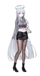 Rule 34 | 1girl, alternate costume, bag, black footwear, black pantyhose, black skirt, blue archive, blunt ends, blush, boots, breasts, buttons, collared shirt, full body, grey hair, grey jacket, halo, high heel boots, high heels, highres, jacket, large breasts, long hair, looking at viewer, mechanical halo, navel, noa (blue archive), open mouth, pantyhose, purple eyes, rity, shirt, shoulder bag, sidelocks, simple background, skirt, sleeves past wrists, smile, solo, white background, white shirt