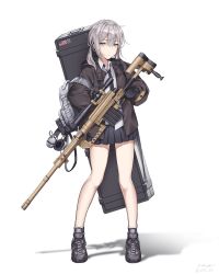 Rule 34 | 1girl, american flag, backpack, bad id, bad pixiv id, bag, bolt action, cheytac m200, commentary, ear protection, full body, girls&#039; frontline, gloves, grey eyes, gun, highres, holding, holding gun, holding weapon, jacket, m200 (girls&#039; frontline), md5 mismatch, necktie, resolution mismatch, rifle, school uniform, scope, silver hair, sniper rifle, solo, source smaller, trigger discipline, twintails, weapon, white background, yp7 (vvy)