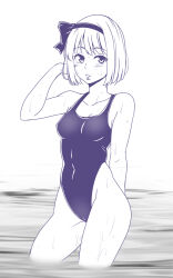 Rule 34 | 1girl, blush, breasts, collarbone, commentary request, eyelashes, hairband, hand to head, konpaku youmu, lips, looking at viewer, medium breasts, monochrome, one-piece swimsuit, parted lips, partially submerged, shiraue yuu, short hair, solo, standing, swimsuit, teeth, touhou, water, wet, white background