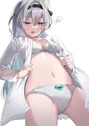 Rule 34 | 1girl, black hairband, blush, bow, bow panties, bra, breasts, cameltoe, dressing, firefly (honkai: star rail), from below, grey hair, hair between eyes, hair intakes, hairband, honkai: star rail, honkai (series), long hair, medium breasts, navel, one eye closed, open mouth, panties, see-through, shirt, solo, squiggle, two-tone eyes, underwear, white background, white bra, white panties, white shirt, yumenoakagi