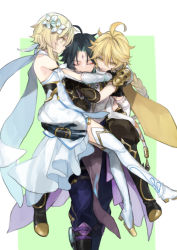 Rule 34 | 1girl, 2boys, aether (genshin impact), ahoge, arm guards, bare shoulders, bead necklace, beads, black gloves, black hair, blonde hair, braid, braided ponytail, brother and sister, cape, carrying, carrying person, closed eyes, closed mouth, detached sleeves, dress, facial mark, flower, forehead mark, genshin impact, gloves, green gloves, green hair, hair between eyes, hair flower, hair ornament, high heels, holding, hug, jewelry, long hair, long sleeves, lumine (genshin impact), maka (morphine), multicolored hair, multiple boys, necklace, open mouth, parted bangs, scarf, shoulder pads, siblings, sidelocks, simple background, thighhighs, twins, white dress, white flower, white thighhighs, xiao (genshin impact), yellow eyes