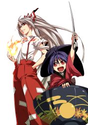 Rule 34 | 2girls, bow, bowl, fireball, fujiwara no mokou, hair bow, hand in pocket, hat, highres, in bowl, in container, japanese clothes, kakao (noise-111), kimono, long hair, mini person, minigirl, multiple girls, needle, open mouth, pants, purple hair, red eyes, shirt, short sleeves, silver hair, smile, sukuna shinmyoumaru, suspenders, torn clothes, torn sleeves, touhou, very long hair, wide sleeves
