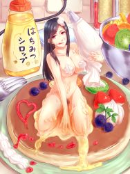 Rule 34 | 1girl, :q, between legs, black hair, blueberry, bottle, bowl, breasts, brown eyes, cable, female pubic hair, food, food on body, food on face, fork, fruit, full body, hair ornament, hairclip, hand between legs, holding, honey, icing, in food, kiwi (fruit), large breasts, licking lips, looking at viewer, messy, mini person, minigirl, nude, orange (fruit), original, pancake, parted bangs, pastry bag, pineapple, plate, pubic hair, seiza, sitting, solo, strawberry, sumimoto ryuu, sweets, syrup, tongue, tongue out, translated, wall, whipped cream, wire