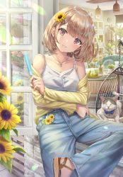 Rule 34 | 1girl, bare shoulders, blue pants, blush, breasts, brown eyes, camisole, cat, collarbone, denim, flower, food, hair flower, hair ornament, hairclip, highres, jeans, jewelry, light brown hair, light rays, long sleeves, looking at viewer, medium breasts, necklace, off shoulder, open clothes, open shirt, original, pants, popsicle, shirt, short hair, sitting, smile, sunflower, torino aqua, white camisole, window, yellow shirt
