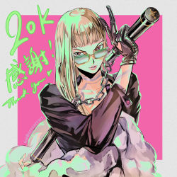 Rule 34 | 1girl, black gloves, black jacket, blonde hair, blunt bangs, border, chain, clothing cutout, collarbone, commentary, english commentary, english text, glasses, gloves, grey border, hand up, heart, heart cutout, holding, holding nunchaku, holding weapon, instagram username, jacket, lipstick, long hair, long sleeves, looking at viewer, makeup, milestone celebration, nunchaku, original, parted lips, pink background, pink lips, red eyes, solo, thank you, translation request, upper body, v, weapon, zzyzzyy