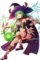 Rule 34 | 1girl, :d, alternate costume, antlers, armpits, ball, blush, breasts, bridal gauntlets, cape, cleavage, collarbone, fang, feathers, flower, from side, full body, green eyes, green hair, hair tubes, hat, highres, horns, large breasts, long hair, looking at viewer, looking to the side, matching hair/eyes, midriff, natsumoka, navel, open mouth, pointy ears, shanti (soccer spirits), sidelocks, smile, soccer ball, soccer spirits, solo, staff, stomach, transparent background, witch hat