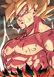 Rule 34 | 1boy, 9302w (user wjpg8475), blonde hair, blood, dragon ball, dragonball z, highres, injury, lightning, looking at viewer, male focus, muscular, muscular male, overcast, red eyes, scuffed, serious, sky, solo, son goku, spiked hair, super saiyan, super saiyan 1, torn clothes, upper body