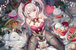 Rule 34 | 1girl, alice (nikke), bare shoulders, black pantyhose, blush, box, breasts, brown pantyhose, christmas, cleavage, earmuffs, emyo, fake antlers, from above, goddess of victory: nikke, heart-shaped box, highleg, highleg leotard, highres, large breasts, leotard, long hair, looking at viewer, looking up, open mouth, pantyhose, parted lips, pink eyes, pink hair, red leotard, ribbon, sidelocks, sitting, soles, solo, thighs, twintails, wariza