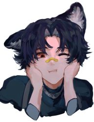 Rule 34 | 1boy, 1other, animal ears, arknights, bandaid, bandaid on face, bandaid on nose, bishounen, black hair, black shirt, blouse, dog boy, dog ears, donodloo, hand on another&#039;s face, highres, infection monitor (arknights), male focus, one eye closed, orange eyes, shirt, short hair, solo focus, upper body, windflit (arknights)