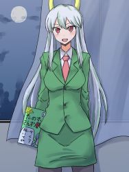 Rule 34 | 1girl, arms behind back, black legwear, blazer, collared shirt, cowboy shot, curtains, ex-keine, formal, full moon, gradient background, horns, jack (wkm74959), jacket, kamishirasawa keine, long hair, looking at viewer, magazine (object), moon, necktie, night, night sky, open mouth, pencil skirt, red eyes, shirt, silver hair, skirt, skirt suit, sky, solo, suit, teacher, touhou, very long hair, window