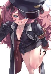 Rule 34 | 1girl, armband, bare legs, black hat, black shirt, blue archive, blush, breasts, cleavage, clothes pull, coat, collarbone, collared shirt, grey eyes, grin, hair between eyes, hair ribbon, halo, hat, highres, iroha (blue archive), jacket, legs, long hair, long sleeves, looking at viewer, medium breasts, military, military hat, military jacket, military uniform, necktie, peaked cap, pulled by self, red hair, red necktie, ribbon, safety pin, shirt, simple background, smile, solo, undressing, uniform, unworn socks, wavy hair, yoshida pino