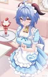 Rule 34 | 1girl, absurdres, ahoge, alternate costume, amaneko (amaneko y), apron, artist name, bell, blue dress, blue hair, blush, breasts, cleavage cutout, clothing cutout, collarbone, commentary request, cowboy shot, dress, frilled apron, frills, ganyu (genshin impact), genshin impact, goat horns, hair between eyes, highres, holding, holding tray, horns, long hair, looking at viewer, maid cafe, medium breasts, neck bell, open mouth, red eyes, sidelocks, solo, strawberry parfait, tray, very long hair, waist apron, waitress
