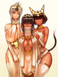 Rule 34 | 3girls, animal ears, bare shoulders, bastet (mythology), blue eyes, blush, breasts, bridal gauntlets, brown hair, cat ears, cleavage, closed mouth, collarbone, covered navel, dark-skinned female, dark skin, egyptian mythology, elbow gloves, gloves, horns, hoshara, jewelry, large breasts, lips, long hair, looking at viewer, multiple girls, original, parted lips, pelvic curtain, pointy ears, purple eyes, sidelocks, simple background, single horn, smile, thighhighs, tiara, v arms, veil, white gloves, white legwear