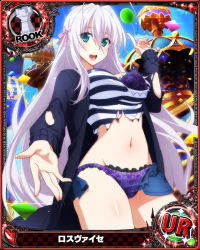 Rule 34 | 1girl, antenna hair, aqua eyes, bra, breasts, card (medium), character name, chess piece, hair ribbon, high school dxd, high school dxd hero, jacket, large breasts, lingerie, long hair, looking at viewer, miniskirt, navel, official art, open mouth, panties, purple bra, purple panties, ribbon, rook (chess), rossweisse, shirt, silver hair, skirt, smile, solo, source request, torn clothes, trading card, underwear, very long hair