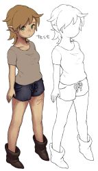 Rule 34 | 1girl, blonde hair, female focus, htm (gixig), pointy ears, short hair, shorts, sketch, solo, standing