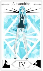 Rule 34 | 10s, 1other, 2015, alexandrite (houseki no kuni), androgynous, aqua theme, arms behind back, bare arms, bare legs, black footwear, black necktie, black shorts, blue eyes, blue hair, blue theme, border, character name, cojima, collared shirt, dated, eyebrows, frown, full body, gem (symbol), houseki no kuni, legs apart, long hair, long legs, looking at viewer, matching hair/eyes, monochrome, necktie, own hands together, roman numeral, shirt, shoes, short sleeves, shorts, solo, standing, suspender shorts, suspenders, swept bangs, tiptoes, uniform, very long hair, white shirt