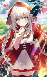 Rule 34 | 1girl, black thighhighs, blue eyes, blurry, braid, breasts, buttons, cloak, cowboy shot, day, depth of field, dress, falling leaves, fate/grand order, fate (series), flower, highres, holding, holding flower, hood, leaf, little red riding hood, long hair, looking at viewer, marie antoinette (fate), marie antoinette (festival outfit) (fate), medium breasts, necomi, official alternate costume, petals, signature, silver hair, single braid, smile, solo, standing, sunlight, thighhighs, very long hair, white dress, white flower, zettai ryouiki
