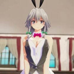 Rule 34 | 1girl, 3d, animated, blue eyes, breasts, cleavage, downblouse, grey hair, izayoi sakuya, leaning forward, looking at viewer, medium breasts, mofumoko5, no bra, smile, solo, teasing, thighs, touhou, video