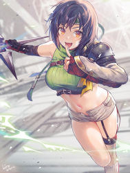 Rule 34 | 1girl, :d, armor, bare shoulders, black hair, breasts, crop top, fang, final fantasy, final fantasy vii, final fantasy vii remake, green shirt, grey shorts, highres, holding, holding weapon, lino chang, looking at viewer, medium breasts, midriff, navel, open fly, open mouth, orange eyes, outstretched arm, pauldrons, ribbed shirt, shirt, short hair, short shorts, shorts, shoulder armor, sleeveless, sleeveless shirt, smile, solo, stomach, thighs, v-shaped eyebrows, weapon, yuffie kisaragi