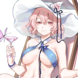 Rule 34 | 1girl, :3, alternate costume, bad id, bad twitter id, beach chair, blush, breasts, bug, butterfly, cocktail glass, cup, drinking glass, hair between eyes, halterneck, hat, highres, insect, large breasts, looking at viewer, navel, pink eyes, pink hair, saigyouji yuyuko, shan, short hair, smile, solo, swimsuit, touhou, upper body, white background