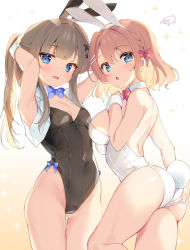 Rule 34 | 2girls, :d, :o, animal ears, arms behind head, arms up, ass, bare shoulders, black leotard, blue eyes, blue neckwear, blush, bow, bowtie, braid, breasts, brown background, brown hair, collar, commentary request, commission, detached collar, fake animal ears, fake tail, gradient background, hair between eyes, hair bow, hair ornament, hairclip, highleg, highleg leotard, highres, leotard, looking at viewer, medium breasts, multiple girls, natsuki marina, open clothes, open mouth, open vest, original, parted lips, pixiv commission, playboy bunny, ponytail, rabbit ears, rabbit tail, red bow, red neckwear, simple background, small breasts, smile, sparkle, strapless, strapless leotard, tail, vest, white background, white collar, white leotard, wing collar, wrist cuffs, x hair ornament