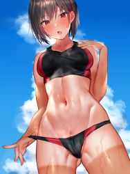 Rule 34 | 1girl, bikini pull, blue sky, blush, breasts, brown hair, cameltoe, censored, clitoris slip, clothes pull, cloud, collarbone, crop top, fang, gluteal fold, groin, hair ornament, hairclip, linea alba, looking at viewer, medium breasts, midriff, navel, open mouth, original, outdoors, partially visible vulva, pussy, pussy peek, red eyes, revision, shiny skin, short hair, skin fang, sky, solo, sports bikini, sports bra, sportswear, standing, steaming body, sweat, tan, tanline, tomboy, track uniform, two-tone sports bra, yuyu (yuyuworks)