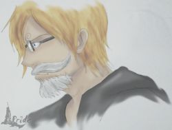 Rule 34 | 1boy, blonde hair, disguise, dressrosa, fake facial hair, fake mustache, glasses, male focus, one piece, profile, sanji (one piece), solo