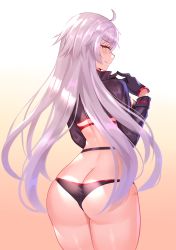 Rule 34 | 1girl, ahoge, ass, bikini, black bikini, black gloves, blush, butt crack, closed mouth, cowboy shot, curvy, embarrassed, fate/grand order, fate (series), fingers together, floating hair, gloves, gradient background, grey hair, half-closed eyes, hands up, heiyan shenshi, high collar, highres, hip focus, huge ass, index fingers together, jeanne d&#039;arc alter (swimsuit berserker) (fate), jeanne d&#039;arc (fate), jeanne d&#039;arc alter (fate), jeanne d&#039;arc alter (swimsuit berserker) (fate), legs together, long hair, long sleeves, looking at viewer, looking back, pink background, profile, shrug (clothing), solo, standing, swimsuit, thick thighs, thighs, white background, wide hips, yellow eyes