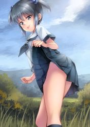 Rule 34 | 1girl, :p, black eyes, black hair, clothes lift, commentary request, day, hair bobbles, hair ornament, highres, kouno hikaru, lifted by self, looking at viewer, original, outdoors, panties, school uniform, serafuku, short hair, skirt, skirt lift, socks, solo, tongue, tongue out, underwear, white panties