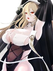 Rule 34 | 1girl, arms up, azur lane, bare shoulders, black gloves, blonde hair, breasts, cleavage, covered navel, fake horns, framed breasts, from side, gloves, habit, hatte (bsrmkr), highres, horns, huge breasts, implacable (azur lane), long hair, nun, pelvic curtain, red eyes, simple background, solo, standing, two-tone dress, very long hair, white background, white horns