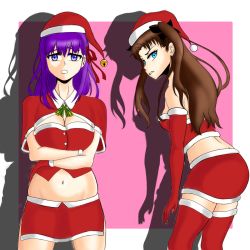 Rule 34 | 2girls, annoyed, breasts, christmas, christmas stocking, cleavage, clenched teeth, fate/grand order, fate/stay night, fate (series), hat, highres, looking at viewer, matou sakura, multiple girls, navel, santa costume, santa hat, teeth, tohsaka rin