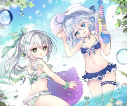 2girls :d ahoge alternate_costume bikini blue_bikini blue_eyes blue_hair blue_nails blue_panties blue_sky breasts cloud commentary_request day fingernails frilled_bikini frilled_wristband frills from_behind furina_(genshin_impact) genshin_impact gradient_hair green_bikini green_eyes green_hair green_nails green_panties green_wristband hair_between_eyes hair_ornament hat head_tilt heterochromia holding holding_water_gun leaf_hair_ornament light_blue_hair light_blush long_hair looking_at_viewer looking_back medium_breasts midriff multicolored_hair multiple_girls nahida_(genshin_impact) nail_polish navel open_mouth outdoors panties pointy_ears shirogane_hina side_ponytail sky smile streaked_hair swimsuit symbol-shaped_pupils teeth twitter_username underwear upper_teeth_only wading water water_gun white_hair white_hat