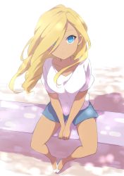 Rule 34 | 1girl, blonde hair, blue eyes, casual, hair over one eye, highres, inazuma eleven (series), inazuma eleven go, inazuma eleven go chrono stone, knees apart feet together, long hair, looking at viewer, no pupils, reiza, sekina, shoes, shorts, sitting, solo