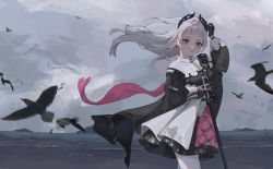 Rule 34 | 1girl, absurdres, adjusting clothes, adjusting headwear, ammunition belt, arknights, beach, bird, black cape, black dress, black headwear, boluohaitai, cape, crown, dress, earrings, grey background, grey eyes, highres, irene (arknights), jewelry, looking at viewer, mountainous horizon, multicolored clothes, multicolored dress, overcast, parted lips, pink cape, pink dress, ribbon, sky, solo, thighs, water, waves, white dress, white hair