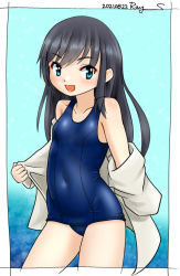 Rule 34 | 1girl, artist name, asashio (kancolle), black hair, blue eyes, blue one-piece swimsuit, border, breasts, commentary request, contrapposto, cowboy shot, dated, kantai collection, long hair, one-hour drawing challenge, one-piece swimsuit, ray.s, school swimsuit, shirt, small breasts, solo, standing, swimsuit, undressing, white border, white shirt