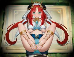 Rule 34 | 1girl, absurdres, armlet, blue eyes, blue skirt, blush, bracer, breast hold, breasts, brooch, genshin impact, hair ornament, harem outfit, highres, horns, jewelry, large breasts, legs, long hair, long sleeves, looking to the side, neck ring, nilou (genshin impact), open mouth, puffy long sleeves, puffy sleeves, red hair, sash, sidelocks, skirt, solo, terebi (shimizu1996), toes, veil