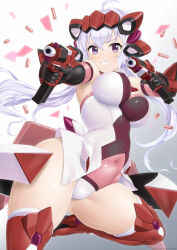 Rule 34 | 1girl, ahoge, breasts, covered navel, dual wielding, gloves, gun, handgun, holding, holding weapon, large breasts, leotard, light purple hair, long hair, low twintails, myb kikaku, parted lips, pink leotard, purple eyes, red thighhighs, scrunchie, senki zesshou symphogear, shiny clothes, shiny skin, simple background, skin tight, smile, solo, thighhighs, thighs, twintails, weapon, yukine chris