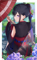 Rule 34 | 1girl, absurdres, black hair, black kimono, blue hair, blurry, blurry background, blush, border, closed mouth, cup, detached sleeves, expressionless, flower, from behind, green tea, hair between eyes, hair intakes, hair ornament, highres, holding, holding umbrella, ichinose uruha, ichinose uruha (3rd costume), japanese clothes, kimono, long hair, long sleeves, looking at viewer, looking back, lupinus virtual games, multicolored hair, ponytail, purple eyes, ringozeri, short kimono, sleeveless, sleeveless kimono, solo, streaked hair, tea, two-tone hair, umbrella, virtual youtuber, vspo!, white border, wide sleeves