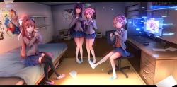 Rule 34 | 3d background, 4girls, ;), absurdres, black socks, blue skirt, blush, bow, brown hair, chair, citrus (saburouta), commentary, commission, doki doki literature club, english commentary, eyes visible through hair, flash drive, glitch, green eyes, grey jacket, hair bow, hair ribbon, handheld game console, happy tears, highres, indoors, jacket, jpeg artifacts, kneehighs, letterboxed, long hair, manga (object), meta, monika (doki doki literature club), monitor, multiple girls, natsuki (doki doki literature club), office chair, on bed, one eye closed, open clothes, open jacket, pink hair, pleated skirt, ponytail, poster (object), purple hair, reading, red bow, ribbon, room, sayori (doki doki literature club), school uniform, shoes, short hair, sitting, skirt, smile, socks, swivel chair, tears, thighhighs, tsukimaru, two side up, uwabaki, very long hair, white legwear, white ribbon, yuri (doki doki literature club)