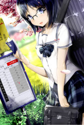 Rule 34 | 1girl, :d, bag, black hair, blue eyes, blush, book, bookmark, briefcase, cherry blossoms, day, glasses, highres, looking at viewer, open mouth, original, outdoors, plaid, plaid skirt, pleated skirt, rimless eyewear, school bag, school briefcase, school uniform, serafuku, short hair, short sleeves, shuffle (songdatiankong), skirt, smile, solo