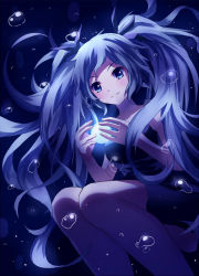 Rule 34 | 1girl, bare arms, bare shoulders, black dress, blue eyes, blue hair, bubble, collarbone, dress, energy ball, hair ribbon, hatsune miku, long hair, matching hair/eyes, meng xiao jiong, ribbon, shinkai shoujo (vocaloid), smile, solo, strapless, strapless dress, twintails, underwater, very long hair, vocaloid