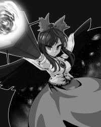 Rule 34 | 1girl, absurdres, aiming, arm cannon, bird wings, bow, breasts, closed mouth, collared shirt, commentary request, control rod, cowboy shot, frilled shirt, frilled shirt collar, frills, frown, galaxy, greyscale, hair bow, highres, large breasts, long hair, looking at viewer, monochrome, neophyte, ponytail, reiuji utsuho, shirt, short sleeves, sidelocks, solo, starry sky print, third eye, touhou, v-shaped eyebrows, weapon, wings