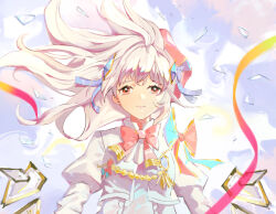 Rule 34 | 1girl, aiguillette, arcaea, blue bow, blue eyes, bow, bowtie, broken glass, character request, closed mouth, commentary request, dress, glass, hair ornament, hair ribbon, highres, juliet sleeves, long hair, long sleeves, looking at viewer, mixed-language commentary, pink bow, pink bowtie, pink ribbon, puffy sleeves, red eyes, reset, ribbon, solo, tearing up, tears, upper body, white dress, white hair, yellow ribbon