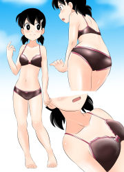 Rule 34 | 1girl, ass, bandaid, black hair, bra, breasts, closed mouth, commentary request, doraemon, highres, looking at viewer, minamoto shizuka, multiple views, open mouth, panties, short hair, small breasts, smile, solo, takaya n, twintails, underwear