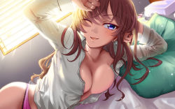 Rule 34 | 1girl, ahoge, bed, bed sheet, blue eyes, blush, breasts, brown hair, chiyosuke (nosuke21), cleavage, collarbone, commentary request, earrings, ichinose shiki, idolmaster, idolmaster cinderella girls, jewelry, long hair, looking at viewer, lying, medium breasts, on side, one eye closed, parted lips, pillow, smile, solo, two side up, underwear, wavy hair