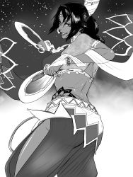Rule 34 | 1girl, alternate costume, armlet, back, bleach, bleach: brave souls, breasts, bridal gauntlets, chakram, dark-skinned female, dark skin, earrings, from side, greyscale, harem pants, highres, holding, holding weapon, hoop earrings, jewelry, large breasts, lips, long hair, looking at viewer, monochrome, pants, parted lips, shawl, shihouin yoruichi, shiny skin, smile, solo, tata (pixiv57531723), tattoo, tiara, twisted torso, weapon